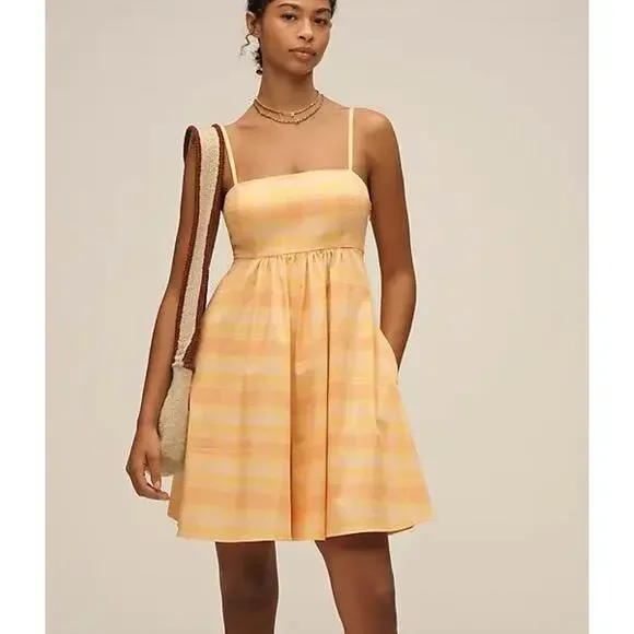 $158 Anthropologie HUTCH Bandeau Romper | sz L, Orange Yellow Plaid NEW! - Picture 3 of 11